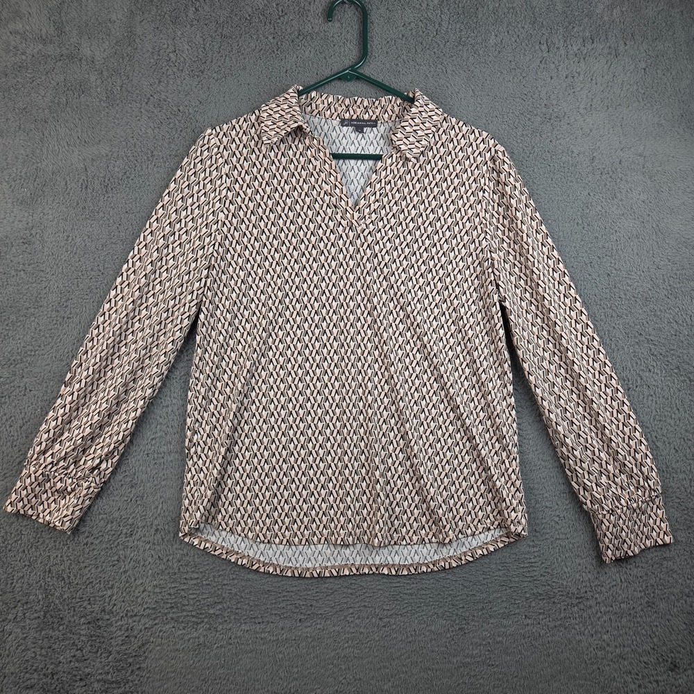Adrianna Papell Women’s Blouse Med Geometric Print Long Sleeve Collared V Neck